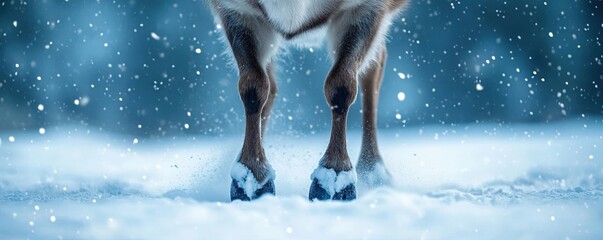 Poster - Close-up of hooves in fresh snow, capturing a serene winter landscape with delicate snowfall.