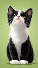 Wall Mural -  A black-and-white feline with emerald eyes sits on the ground, head askew and gazes with widened, expressive eyes