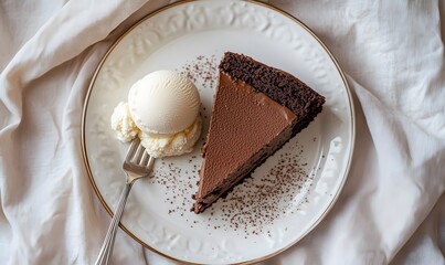 Wall Mural -  dessert plate with a slice of chocolate cake and a scoop of ice cream, Generative AI