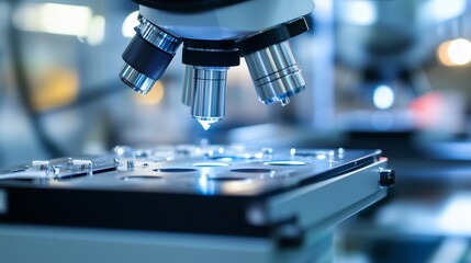 Poster - close-up view of a microscope over slides in a well-equipped laboratory during research and analysis
