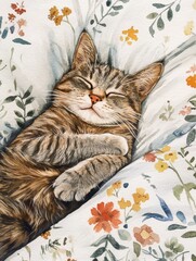 Aufkleber - A peaceful sleeping cat nestled on a floral bedspread, enjoying a cozy moment in a bright, serene room. Generative AI