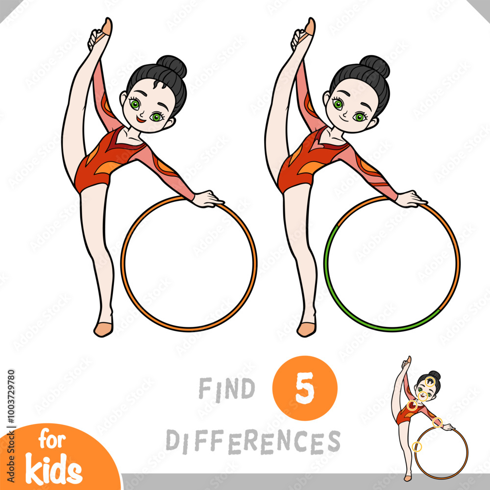 Find differences, educational game for kids, asian gymnast girl with a ...