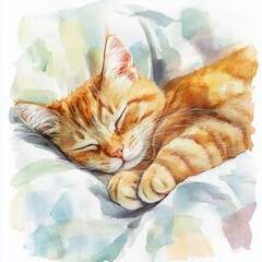 Aufkleber - A peaceful orange tabby cat sleeping soundly on a cozy bedspread with a white background in a serene indoor setting. Generative AI
