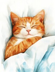 Poster - A peaceful ginger cat sleeping soundly on a cozy bedspread with a soft white background during a quiet afternoon. Generative AI