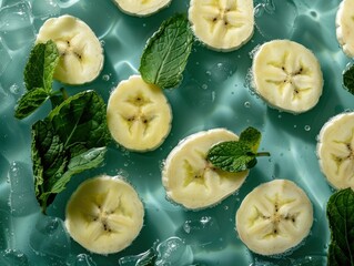 Wall Mural - Fresh Banana Slices with Mint Leaves in Water