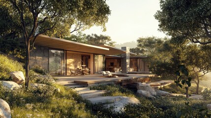 A rendering of an eco-friendly home designed to blend seamlessly with its natural surroundings