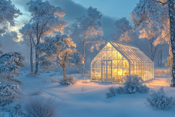 Wall Mural - A serene winter scene featuring a glowing greenhouse amidst a snowy landscape, showcasing nature's beauty and tranquility.