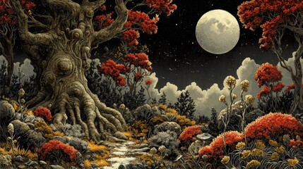 Wall Mural - a full moon hangs above a forest, red flowers and trees peppered throughout