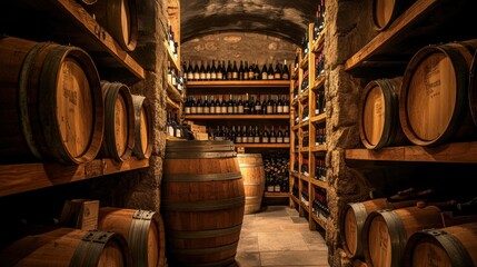 Poster - Exploring a rustic wine cellar filled with wooden barrels and shelves lined with various wine bottles. Generative AI