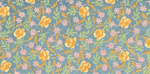  vintage floral wallpaper pattern with yellow and pink flowers on a blue background.