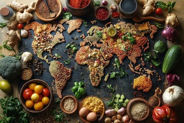 Wall Mural - Top view of world map made of food ingredients and vegetables. Diverse range of global cuisines.