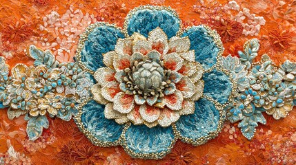 Wall Mural -  A tight shot of an artpiece crafted from beads and flowers against an orange backdrop Vibrant hues of orange and blue dominate the composition