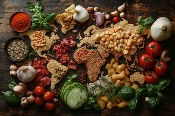 Wall Mural - Top view of world map made of food ingredients and vegetables. Diverse range of global cuisines.