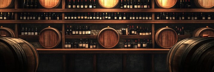 Poster - A rustic wine cellar featuring wooden barrels and shelves stocked with an array of wine bottles ready for aging and enjoyment. Generative AI