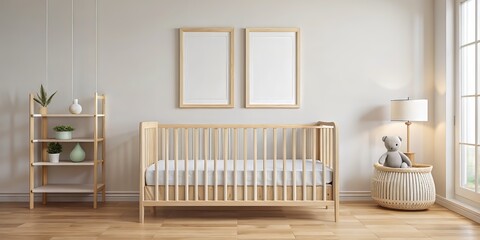 Empty wooden frame poster mockup with two frames on the wall above the baby crib in a nursery room, featuring white walls for a clean and simple look.