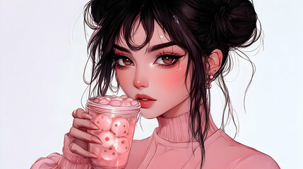 Sticker - Anime Girl Drinking Bubble Tea with Pink Outfit and  Hair in Buns