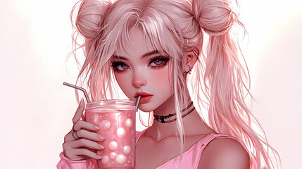 Canvas Print - Cute Anime Girl with Pink Hair Drinks a Smoothie