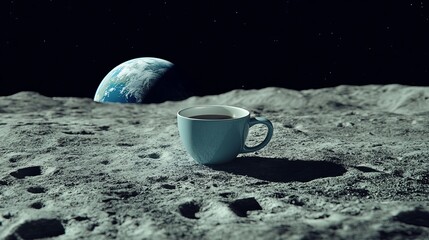 Canvas Print - A striking image features a coffee cup resting on the lunar surface of the Moon, with the magnificent planet Earth visible in the background. 