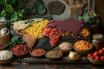 Wall Mural - Top view of world map made of food ingredients and vegetables. Diverse range of global cuisines.