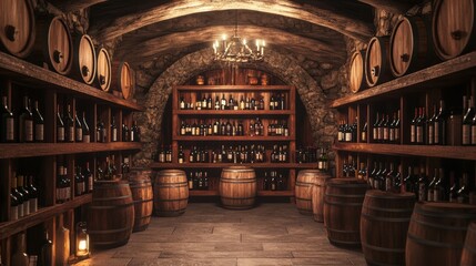 Poster - A cozy wine cellar showcasing wooden barrels and shelves brimming with various wine bottles in a rustic setting. Generative AI