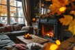 © Vlad - Autumn Cosy Home Interior with Fireplace, Sofa, and Decor