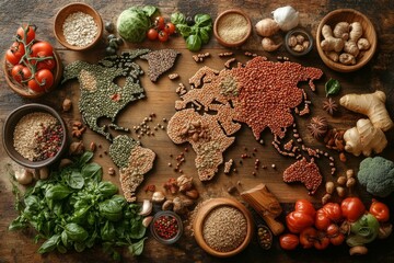 Wall Mural - Top view of world map made of food ingredients and vegetables. Diverse range of global cuisines.