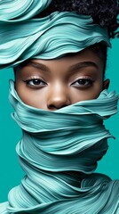 Wall Mural -  A woman in a scarf and blue headband hides her face, eyes veiled by a matching blue backdrop