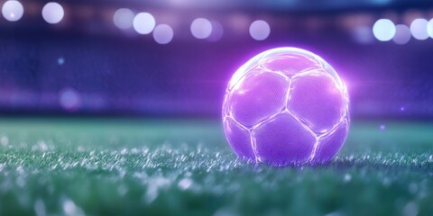 Soccer ball in a holographic bubble on a football field with a stadium background. Concept of a futuristic soccer game or technology-