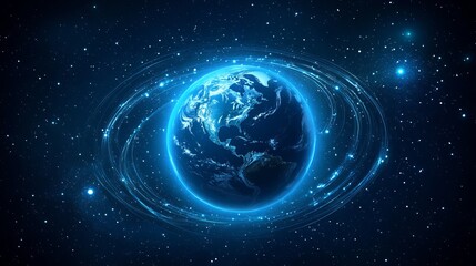 Wall Mural - a dark blue vector background features a striking depiction of planet earth at the center, surrounde