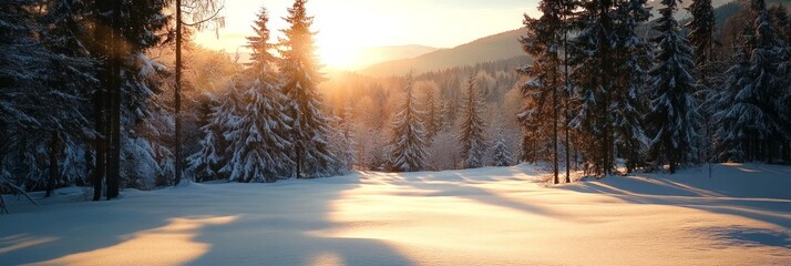 Poster - A serene winter landscape showcasing snow-covered terrain and tall evergreen trees under warm sunlight. The tranquil scene invites contemplation and relaxation.