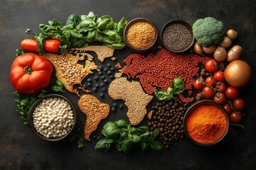 Wall Mural - Top view of world map made of food ingredients and vegetables. Diverse range of global cuisines.