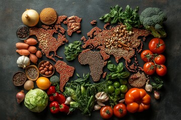 Wall Mural - Top view of world map made of food ingredients and vegetables. Diverse range of global cuisines.