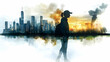 © Neural9 Project - Silhouette of a Person Walking Away from a City Skyline with a Watercolor Background