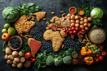 Wall Mural - Top view of world map made of food ingredients and vegetables. Diverse range of global cuisines.