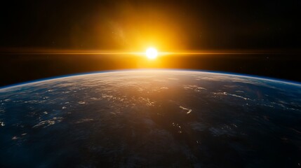 Wall Mural - A breathtaking view of planet Earth from space as the sun rises over the horizon, casting a golden glow across the curvature of the planet.