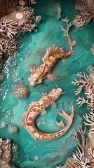  A tight shot of two geckos in a water-filled pool, adorned with corals beneath the surface