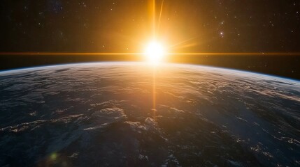 Wall Mural - A breathtaking view of planet Earth from space as the sun rises over the horizon, casting a golden glow across the curvature of the planet.
