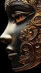 Wall Mural -  A tight shot of a face adorned with a golden-black mask, featuring elaborate designs on its surface