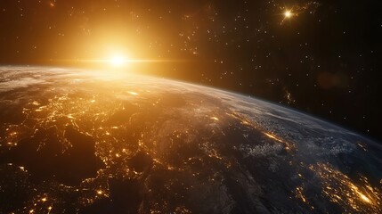 Wall Mural - a breathtaking view of earth, a distant star, and the galaxy, capturing the sunrise as it illuminate