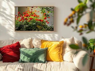 Poster - Cozy Living Room with Colorful Floral Artwork