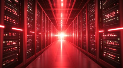 Poster - A futuristic server room illuminated by red lights, showcasing rows of data storage units.