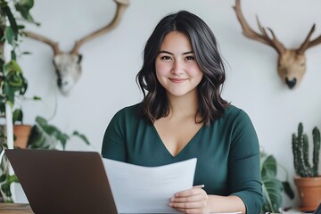 Woman holding a document smiling in a cozy work environment