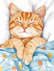 Poster - A peaceful orange cat sleeping sweetly on a bedspread decorated with colorful polka dots in a cozy indoor setting. Generative AI
