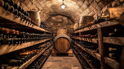 Poster - A rustic wine cellar filled with wooden barrels and neatly stacked bottles in a charming underground setting. Generative AI