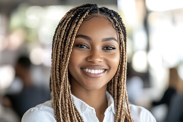 Smiling woman in office with braided hairstyle and confident expression