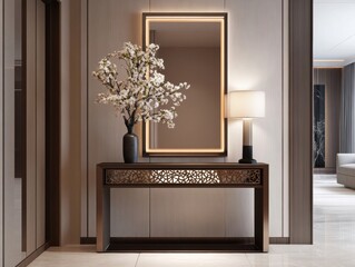 Wall Mural - A stylish entryway featuring a decorative console table, a mirror, a lamp, and decorative flowers against a textured wall.