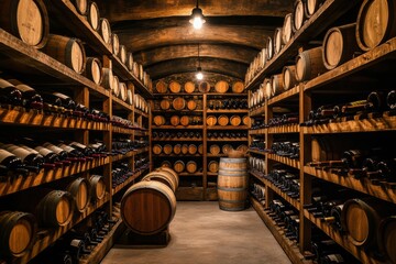 Poster - A rustic wine cellar featuring wooden barrels and shelves brimming with assorted wine bottles. Generative AI