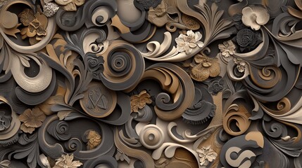 Intricate abstract patterns of swirls and shapes in neutral tones.