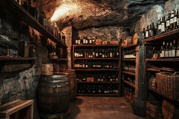Poster - Explore a rustic wine cellar showcasing wooden barrels and shelves brimming with a variety of fine wine bottles. Generative AI