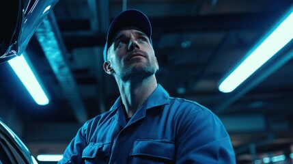 Poster - A mechanic in blue overalls looks up thoughtfully in a workshop illuminated by blue lights.